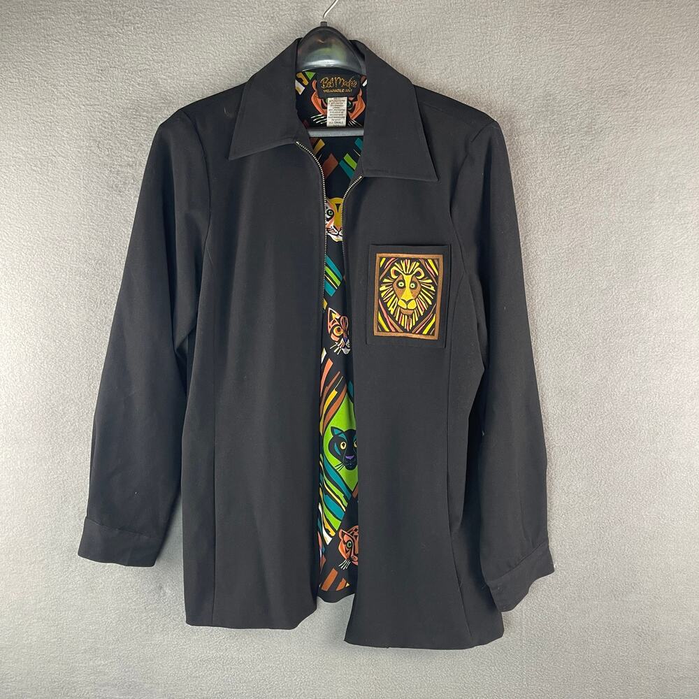 Bob Mackie Wearable Art Black Zip Up Jacket Lion Design Women's Size Small